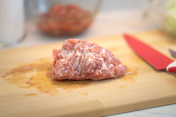 A piece of frozen chopped pork meat on the wooden cutting board, prepare for cooking in the kitchen. Food close-up and selective focus photo.