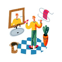 Fototapeta premium Man brushing teeth in bathroom. Guy standing washing face in front of mirror in early morning or evening. Schedule vector illustration. Everyday routine at home. Modern interior design
