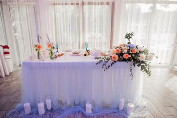 wedding table newlyweds with decor in the restaurant