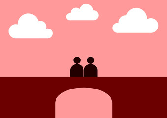 Love concept scene of silhouette couple stand on the wall with soft pink sky and white clouds is backdrop. 