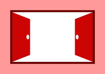 Scene of red windows are open with pink wall.