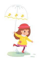 Little girl running under umbrella in rainy weather. Joyful happy kid in sweater going through puddle of water. Autumn bad weather vector illustration. Child in rain storm