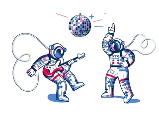 Funny astronauts playing guitar and dancing to disco in spacesuits. Man listening and playing funky disco music on white background. Space exploration fun entertainment vector illustration