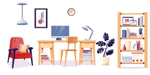 Modern home office interior design background. Room at home with chair, bookshelf, table with lamp and computer monitor, clock on wall isolated on white. Objects for working vector illustration