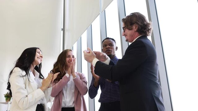 Diversity business group people stack hand together to celebrate work success, Unity amd teamwork concept