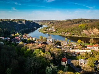Aerial view of village Sedlec Suchdol, part of Prague 6 with Vltava river in direction to Roztoky