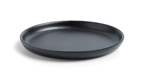 Black plate, empty dish isolated on white background, clipping path, closeup dishware round ceramic, top view