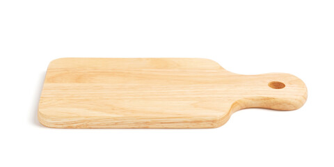 Brown woodcutting board with handle and drill hole for hanging isolated on white background with clipping path.
