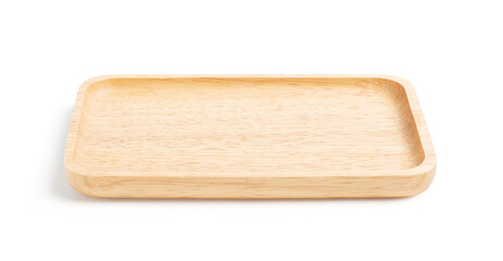 Empty wood plate isolated on white background with clipping path, brown wood  tray, top view