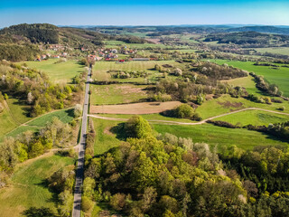 Fototapeta na wymiar Aerial view of landscape between villages Teletin and Vysoky Ujezd in Central Bohemian Region