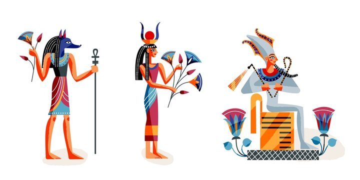 Ancient Egypt gods set. Anubis, Egyptian goddess, pharaoh on white background. Art history gods vector illustration. People standing and sitting with scepter and flowers. Mythology elements