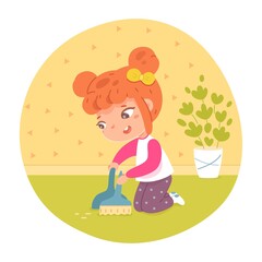Girl helping sweep floor with dustpan in living room. Kid helps cleaning litter on floor at home vector illustration. Modern room interior design with plant and wall background