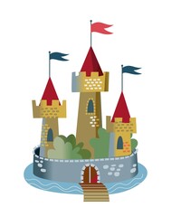 Medieval castle with towers. Middle Ages fantasy kingdom vector illustration. Royal palace with flags, surrounded by wall, gate and bridge over water isolated on white background