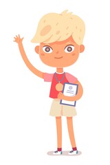 Kid winning bronze medal at competition. Happy boy holding prize diploma and waving hand. School achievement and success vector illustration. Medalist on white background
