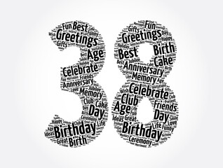 Happy 38th birthday word cloud, holiday concept background
