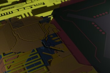 Colored technological glowing background. Electronic board with luminous elements. Futuristic computer motherboard, close up, 3D rendering
