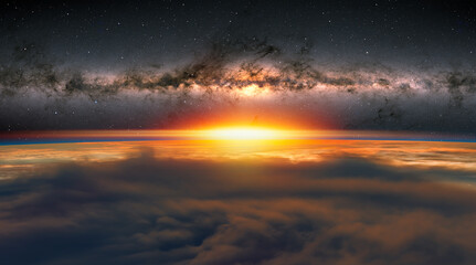 View of the planet Earth from space during a sunrise, milkyway galaxy in the background