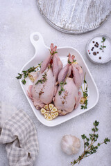 Raw quail meat with spices, garlic and herbs