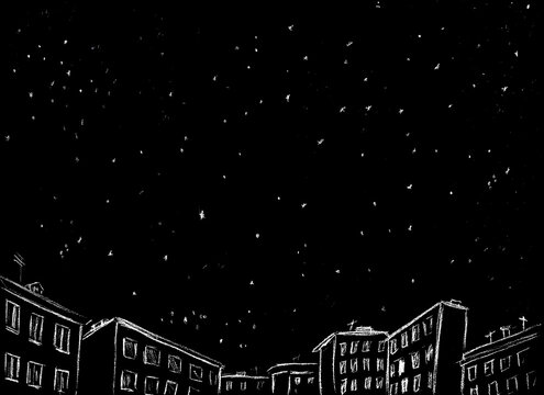Starry sky over the city black and white image