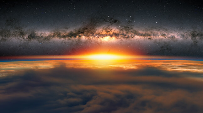 View of the planet Earth from space during a sunrise, milkyway galaxy in the background"Elements of this image furnished by NASA