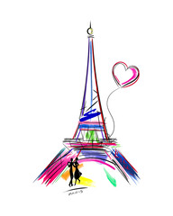 Modern poster wall art abstract artistic Eiffel tower and heart, dancing couple and the word Paris. vector template for Valentine's day.