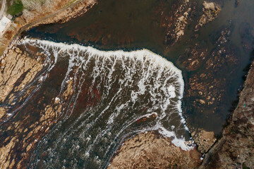 Aerial view of Venta rapid in Kuldiga, Latvia.  Widest waterfall in Europe