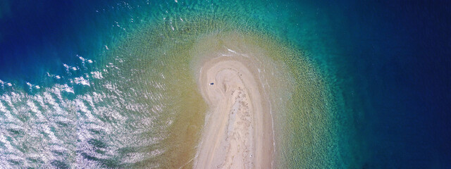 Aerial drone ultra wide panoramic photo of exotic paradise island complex forming an atoll archipelago 