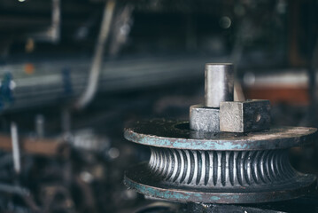 Lathe machine tool in industrial manufacturing factory, engineering work production