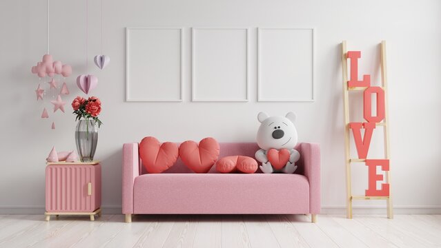 Mock up poster frame valentine room modern interior have sofa and home decor for valentine's day.