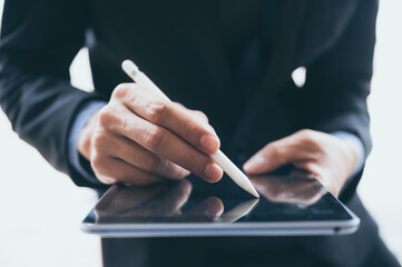 businessman person working from home with computer laptop on online cyberspace technology