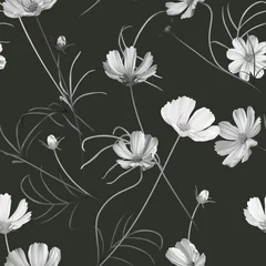 Gordijnen Floral seamless pattern, white cosmos flowers with leaves on dark grey © momosama