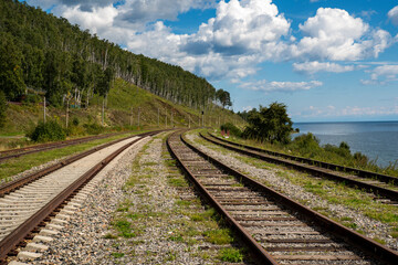 Fototapeta na wymiar railway passing along the shore of Lake Baikal