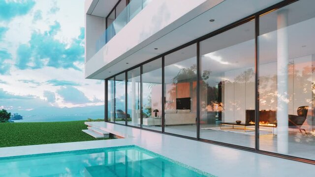 Entering The Living Room Of Modern Luxury Villa With Swimming Pool
