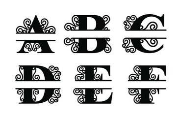 Alphabet Split Monogram, Split Letter Monogram, Alphabet Frame Font. Laser cut template. Initial monogram letters.