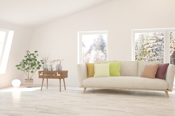 White living room with sofa and winter landscape in window. Scandinavian interior design. 3D illustration