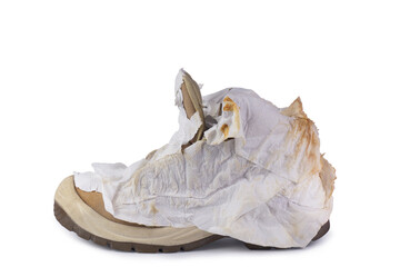 Boots were covered with tissue paper. To suck the dirt. isolated on white background with clipping path
