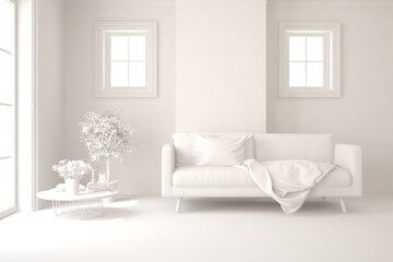 White minimalist living room with sofa. Scandinavian interior design. 3D illustration