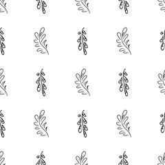 Doodle simple vector seamless pattern of hand-drawn leaves. Seamless pattern of hand-drawn branches. Big floral botanical set. Isolated on white background.