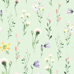 Floral watercolor seamless pattern with colorful wildflowers. Design illustration meadow on green background for textile, wallpapers or paper.