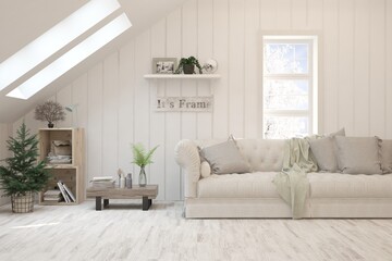 White living room with sofa. Scandinavian interior design. 3D illustration