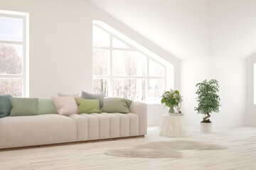 White living room with sofa. Scandinavian interior design. 3D illustration