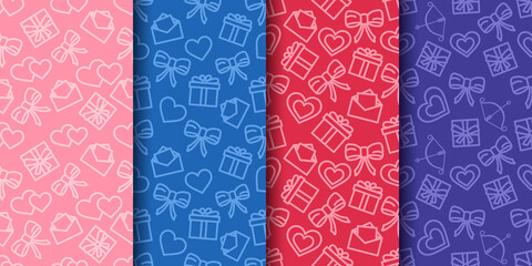 Valentines day seamless patterns set. Holiday wrapping paper ornament. Valentine vector textures collection. Festive seamless background. Hearts, bows, gifts, letters icons in fabric repeatable design