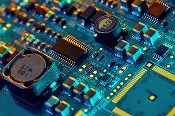 Electronic circuit board close up.