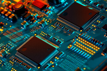 Electronic circuit board close up.