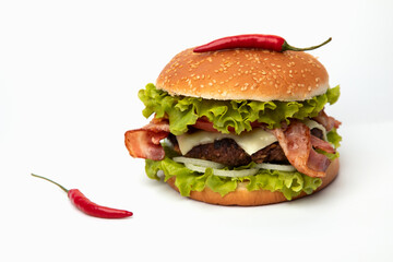 Homemade hamburger with cheese, bacon and chili on white plate