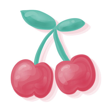 Gummy cherry fruit, pink and green colour simple illustration.
