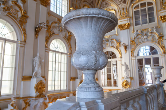 Saint Petersburg, Russia, 21.04.2019, White vase on front stairs of Central entrance to Museum of State Hermitage Museum