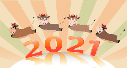 Happy Chinese new year greeting card. 2021 Ox zodiac. Cute cow jumping on rainbow background. Animal holidays cartoon character.