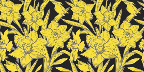 Naklejka na ściany i meble Yellow Illuminating Daffodils Hand Drawn Close-up on black background. Floristic seamless pattern with silhouettes of flowers in full bloom. Template for textile, wallpaper, bedding, floral design.