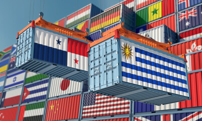 Freight containers with Uruguay and Panama national flags. 3D Rendering 